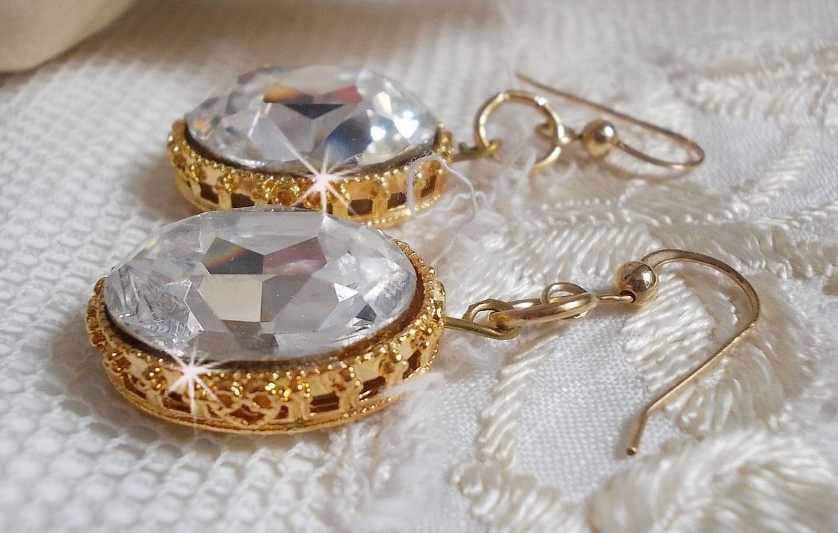 BO Gold Earrings with Swarovski crystals set in gold cabochons with 14 karat Gold Filled ear hooks