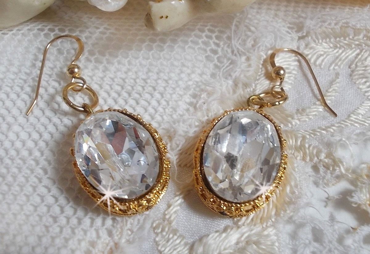 BO Gold Earrings with Swarovski crystals set in gold cabochons with 14 karat Gold Filled ear hooks
