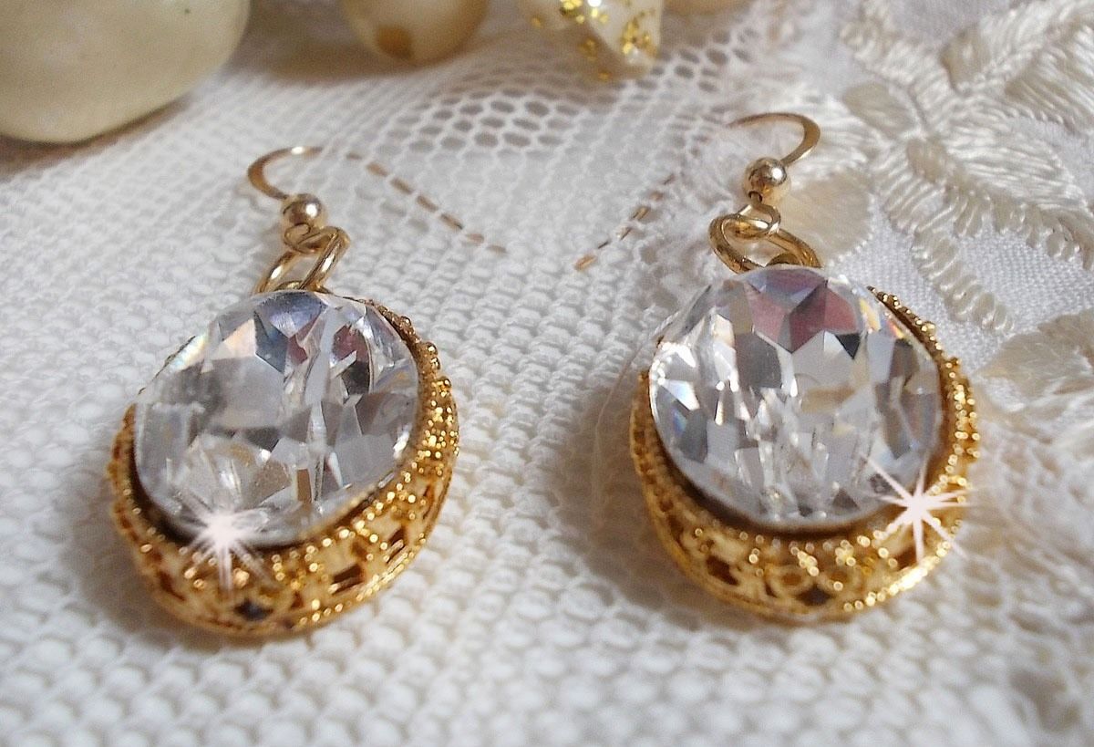 BO Gold Earrings with Swarovski crystals set in gold cabochons with 14 karat Gold Filled ear hooks