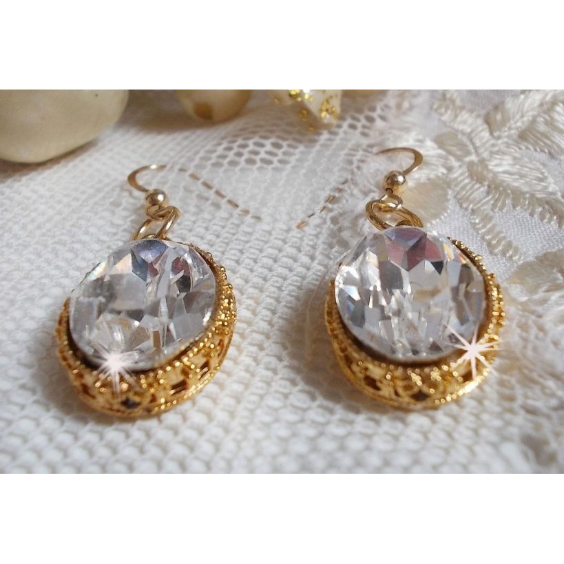 BO Gold Earrings with Swarovski crystals set in gold cabochons with 14 karat Gold Filled ear hooks