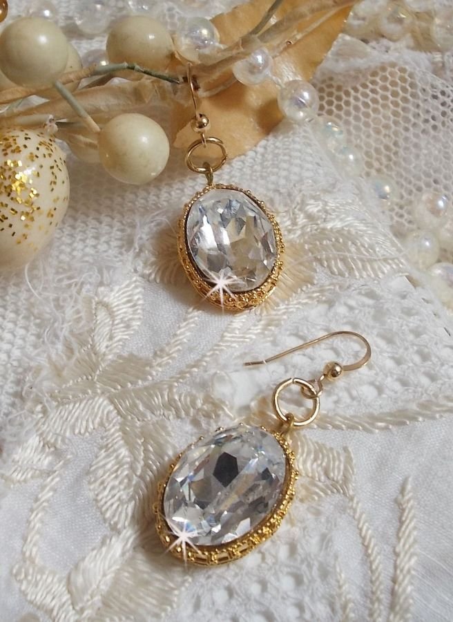 BO Gold Earrings with Swarovski crystals set in gold cabochons with 14 karat Gold Filled ear hooks