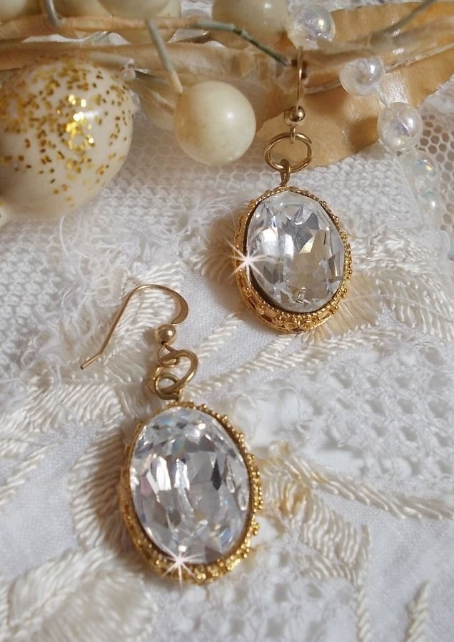 BO Gold Earrings with Swarovski crystals set in gold cabochons with 14 karat Gold Filled ear hooks