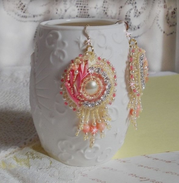 BO Tender Heart embroidered with a Yellow and Pink silk ribbon, bezels, seed beads and 14 karat Gold Filled buckles