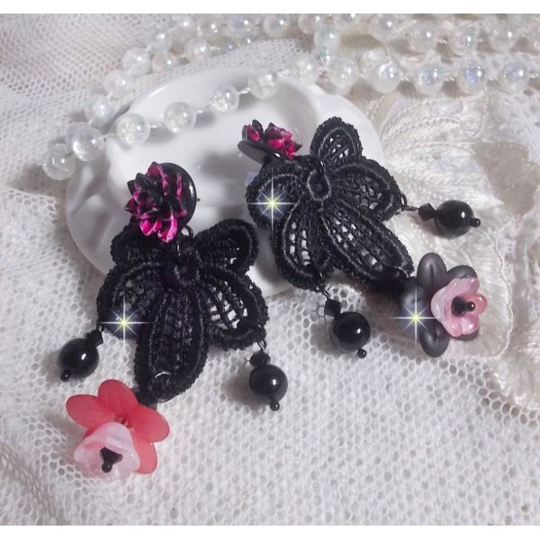 BO Cocktail Sangria created with very old black lace, crystals, frosted flowers, resin cabochons and accessories of Black color