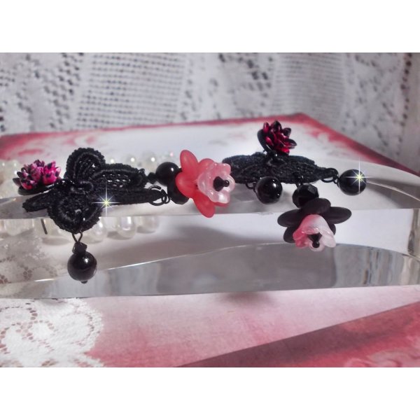 BO Cocktail Sangria created with very old black lace, crystals, frosted flowers, resin cabochons and accessories of Black color