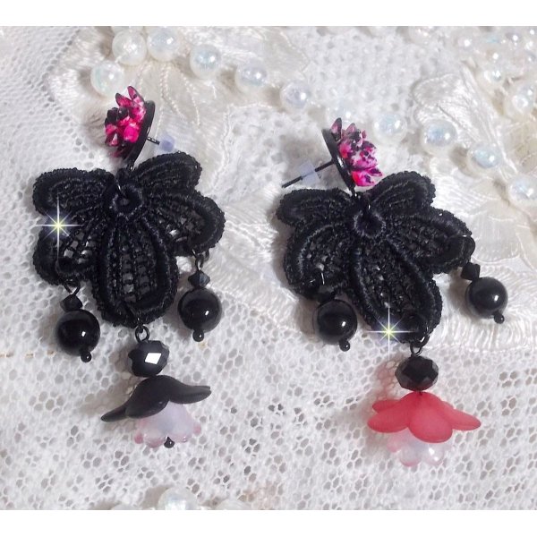 BO Cocktail Sangria created with very old black lace, crystals, frosted flowers, resin cabochons and accessories of Black color