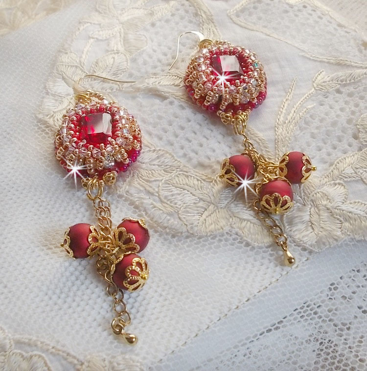 BO Nous Two embroidered with Swarovski crystal cabochons and beads, 14 karat Gold Filled ear hooks