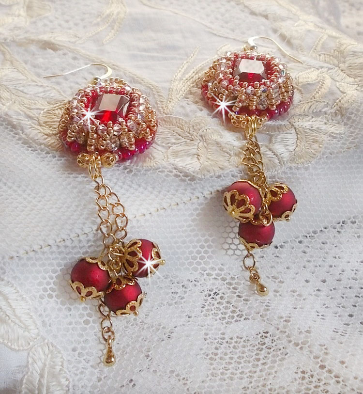 BO Nous Two embroidered with Swarovski crystal cabochons and beads, 14 karat Gold Filled ear hooks