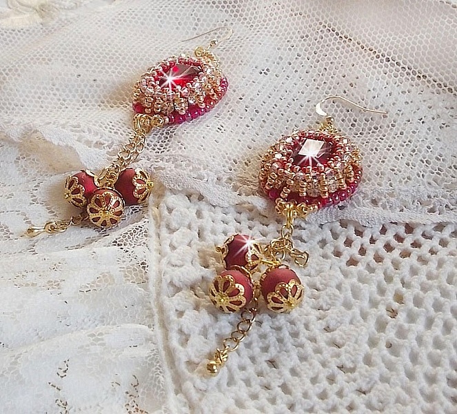 BO Nous Two embroidered with Swarovski crystal cabochons and beads, 14 karat Gold Filled ear hooks