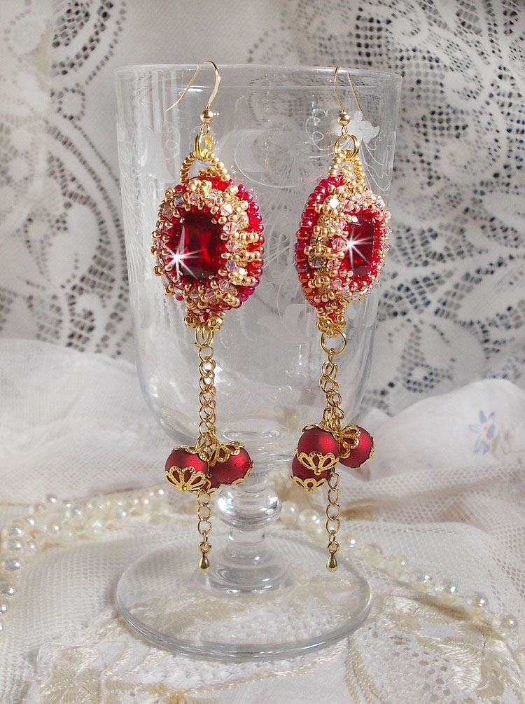 BO Nous Two embroidered with Swarovski crystal cabochons and beads, 14 karat Gold Filled ear hooks