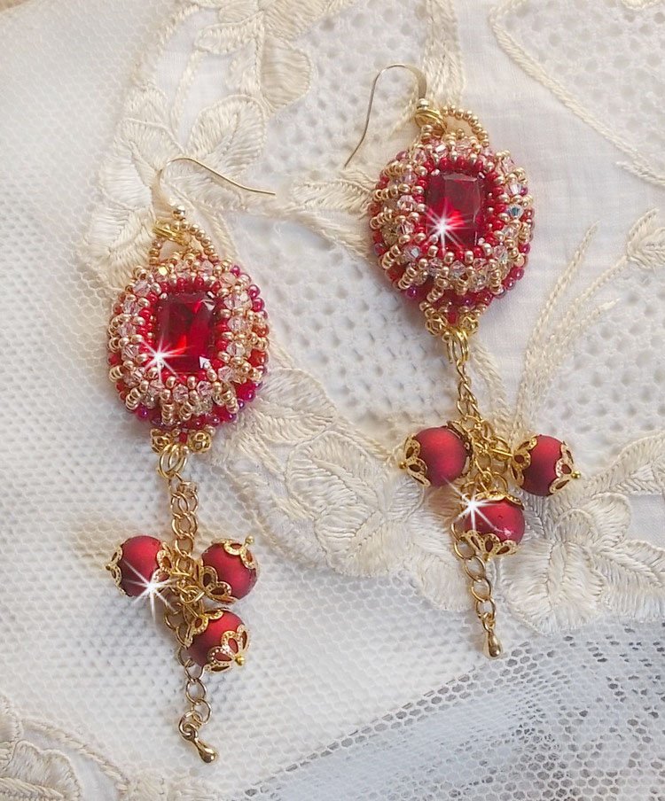 BO Nous Two embroidered with Swarovski crystal cabochons and beads, 14 karat Gold Filled ear hooks