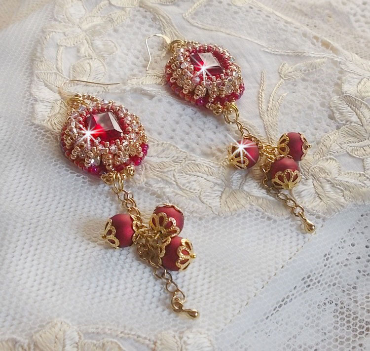 BO Nous Two embroidered with Swarovski crystal cabochons and beads, 14 karat Gold Filled ear hooks