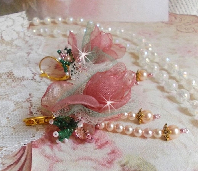 BO Douceur Poudr&eacute;e created with Organza ribbon, tulle, Swarovski crystals, Bohemian glass beads and rocailles