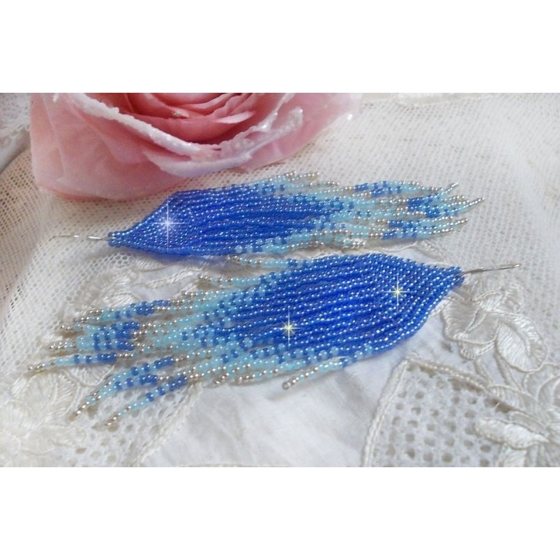 BO Soft Blue Dreams created with quality seed beads in Sapphire Blue, Sky Blue and Silver with 925/1000 silver ear hooks