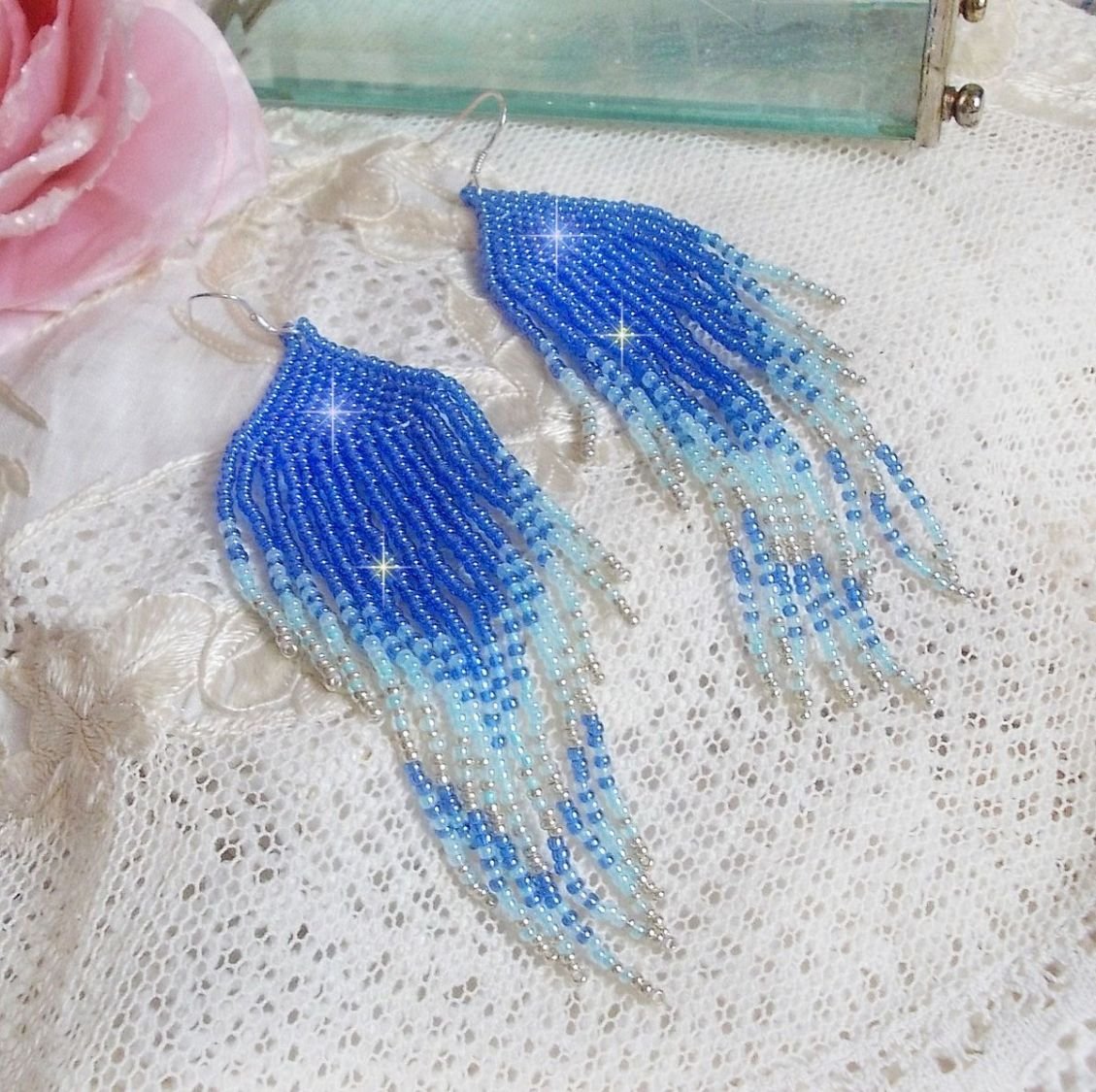 BO Soft Blue Dreams created with quality seed beads in Sapphire Blue, Sky Blue and Silver with 925/1000 silver ear hooks