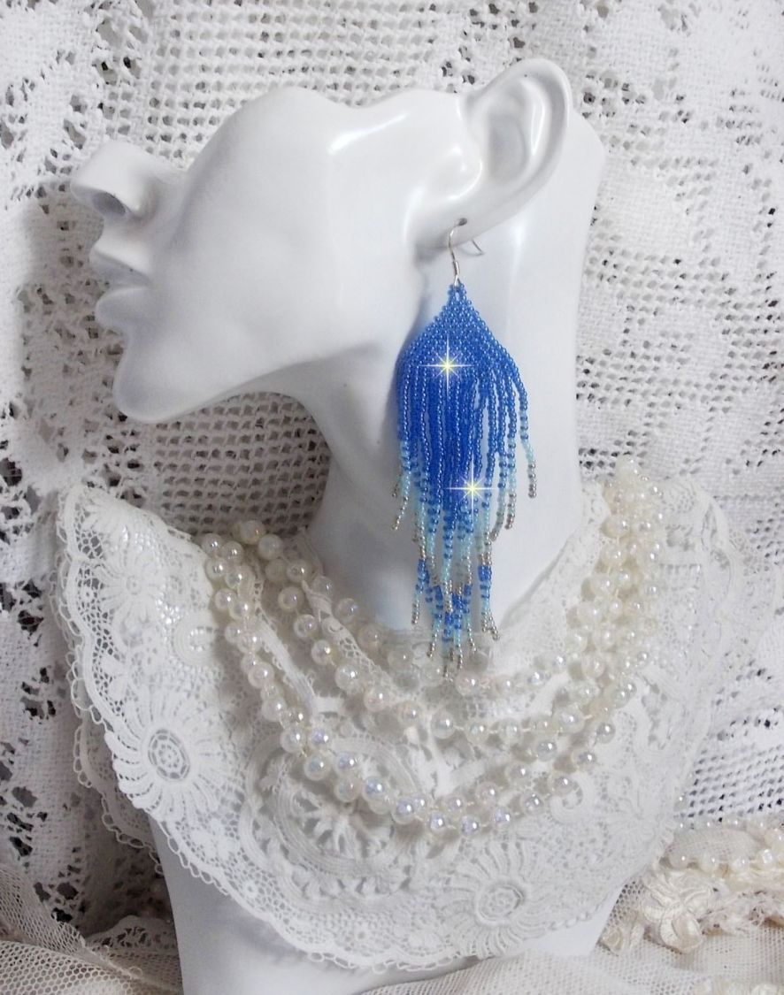 BO Soft Blue Dreams created with quality seed beads in Sapphire Blue, Sky Blue and Silver with 925/1000 silver ear hooks