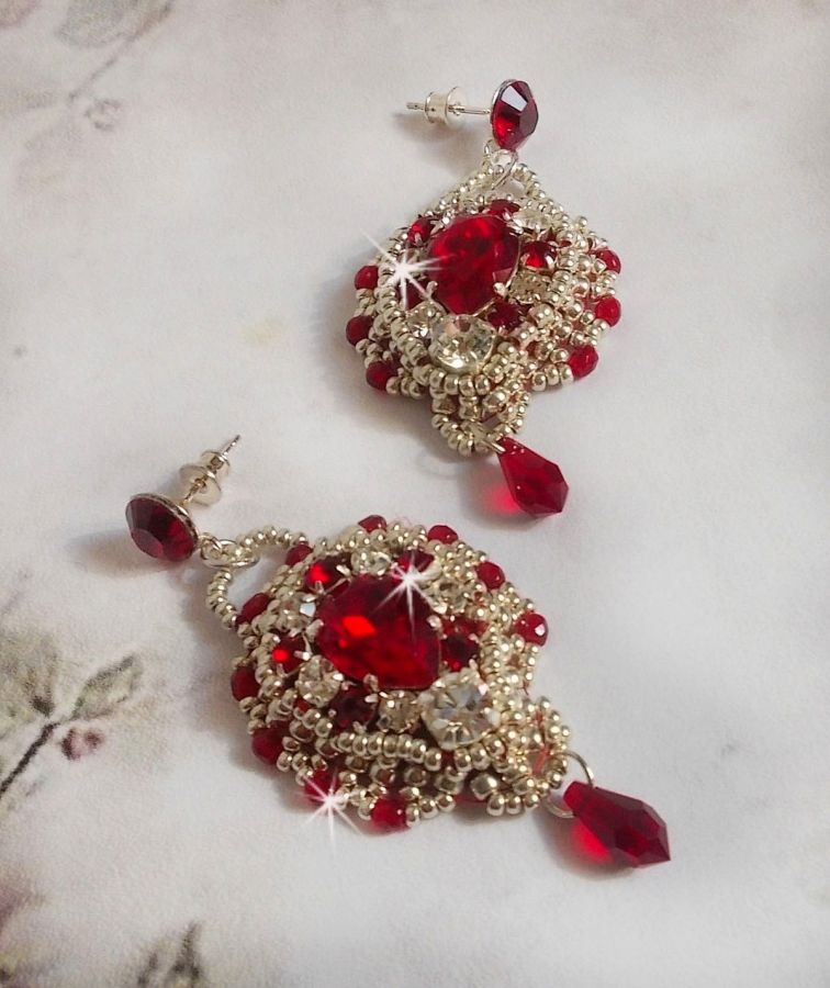 BO Drigon Red embroidered with Swarovski crystal Siam color cabochons, bezels, silver seed beads and 925/1000 silver butterfly ear studs