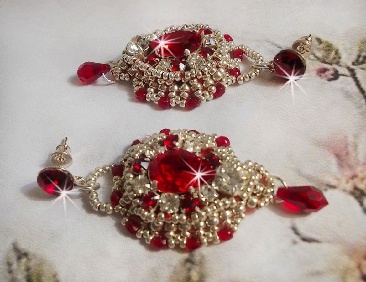 BO Drigon Red embroidered with Swarovski crystal Siam color cabochons, bezels, silver seed beads and 925/1000 silver butterfly ear studs