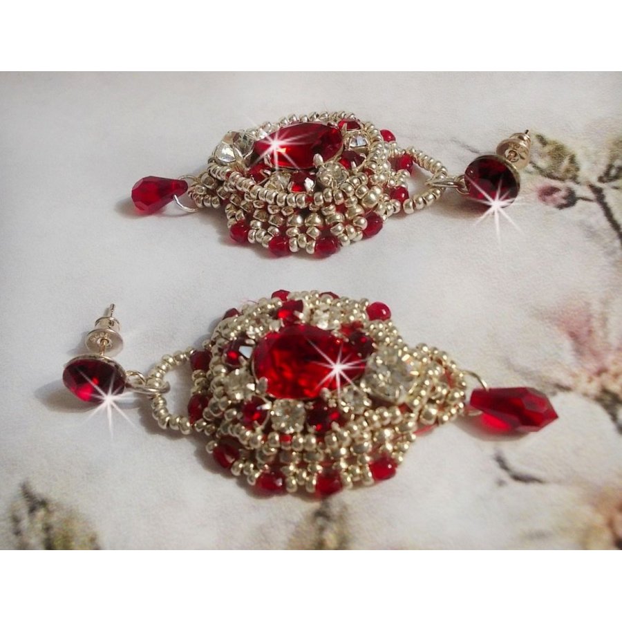 BO Drigon Red embroidered with Swarovski crystal Siam color cabochons, bezels, silver seed beads and 925/1000 silver butterfly ear studs