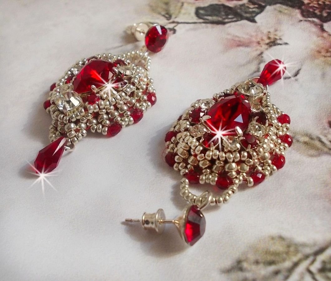 BO Drigon Red embroidered with Swarovski crystal Siam color cabochons, bezels, silver seed beads and 925/1000 silver butterfly ear studs