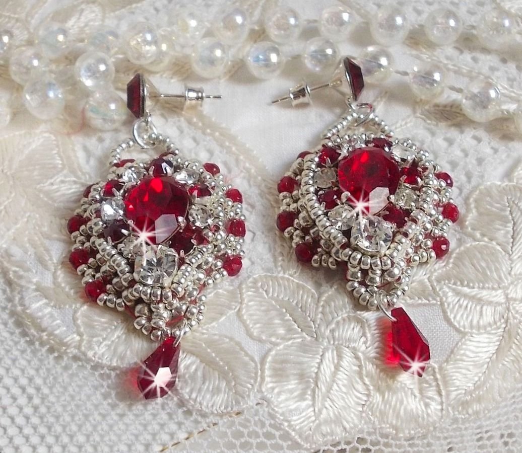 BO Drigon Red embroidered with Swarovski crystal Siam color cabochons, bezels, silver seed beads and 925/1000 silver butterfly ear studs