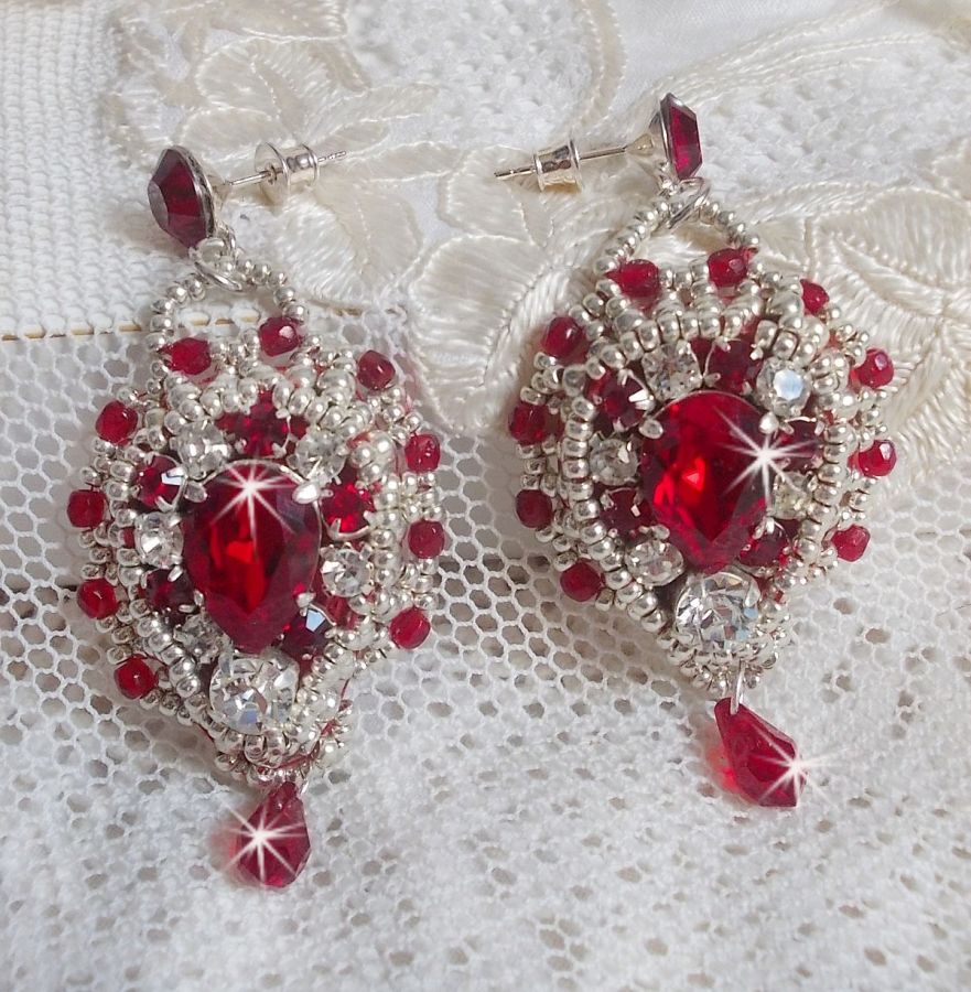 BO Drigon Red embroidered with Swarovski crystal Siam color cabochons, bezels, silver seed beads and 925/1000 silver butterfly ear studs