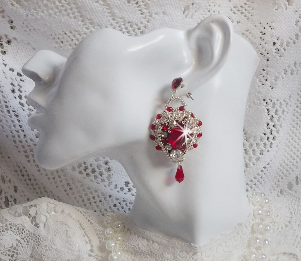 BO Drigon Red embroidered with Swarovski crystal Siam color cabochons, bezels, silver seed beads and 925/1000 silver butterfly ear studs