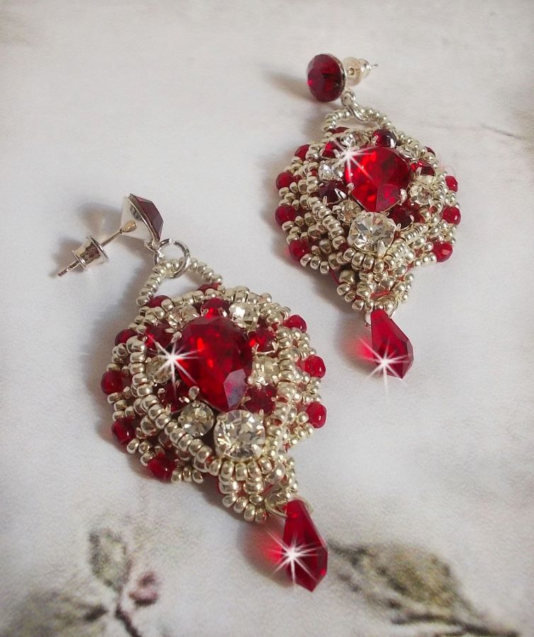 BO Drigon Red embroidered with Swarovski crystal Siam color cabochons, bezels, silver seed beads and 925/1000 silver butterfly ear studs