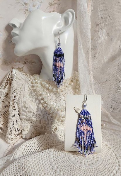 BO Les Flamants Roses et Bleus avec rocailles verre, toupies cristal Swarovski, crochets et attaches argent 925