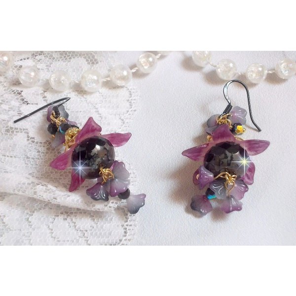 BO Funky Black created with hand painted Lucite flowers in Purple, crystals, glass beads and various Gold and Black accessories