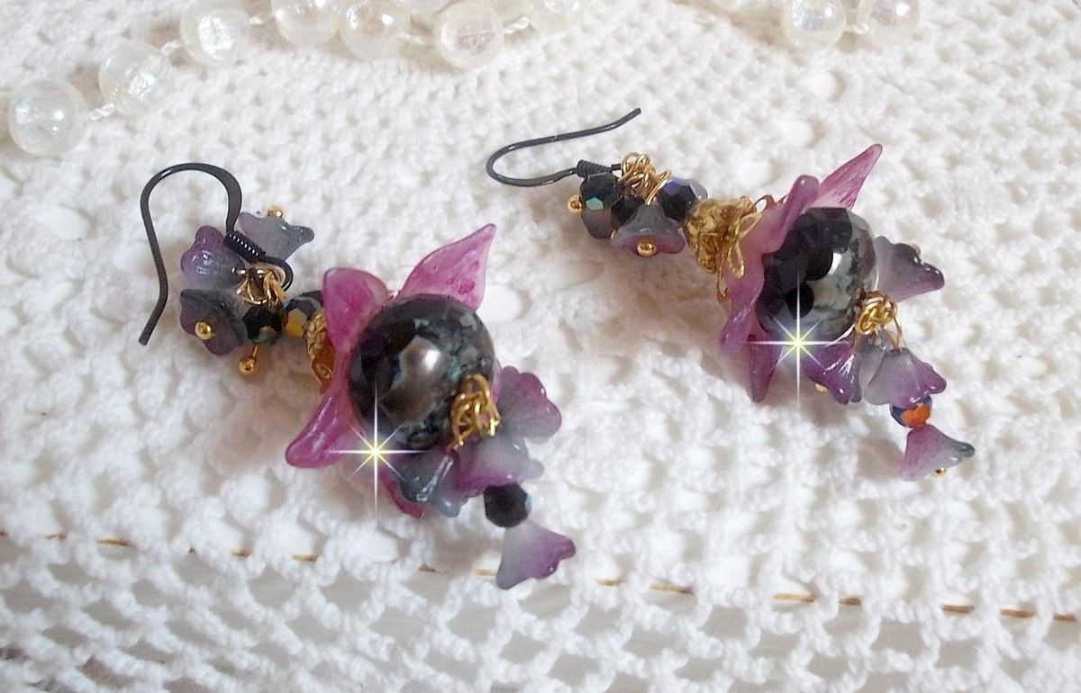 BO Funky Black created with hand painted Lucite flowers in Purple, crystals, glass beads and various Gold and Black accessories