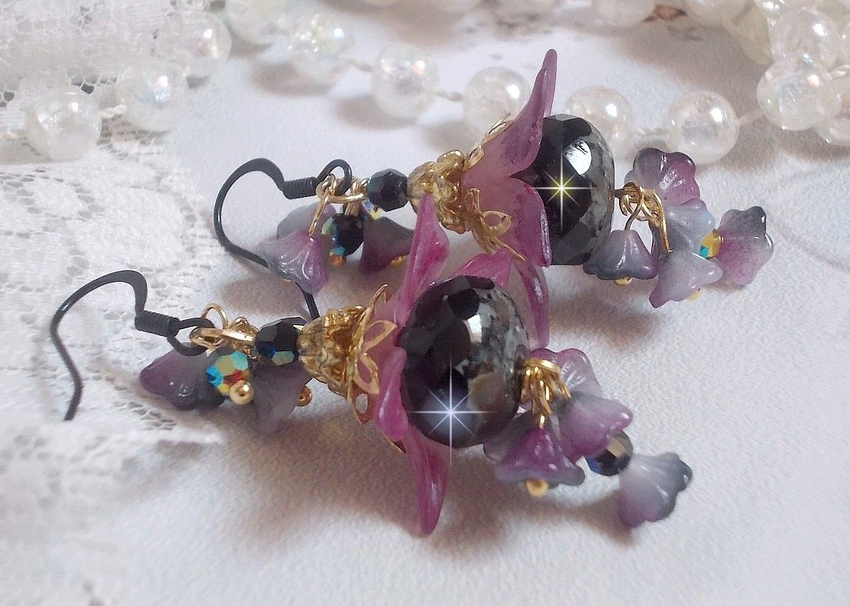 BO Funky Black created with hand painted Lucite flowers in Purple, crystals, glass beads and various Gold and Black accessories