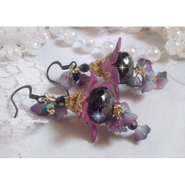 BO Funky Black created with hand painted Lucite flowers in Purple, crystals, glass beads and various Gold and Black accessories