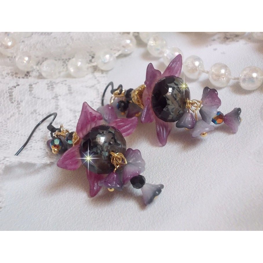 BO Funky Black created with hand painted Lucite flowers in Purple, crystals, glass beads and various Gold and Black accessories