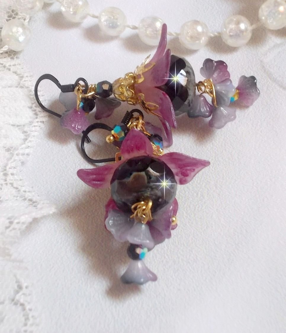 BO Funky Black created with hand painted Lucite flowers in Purple, crystals, glass beads and various Gold and Black accessories