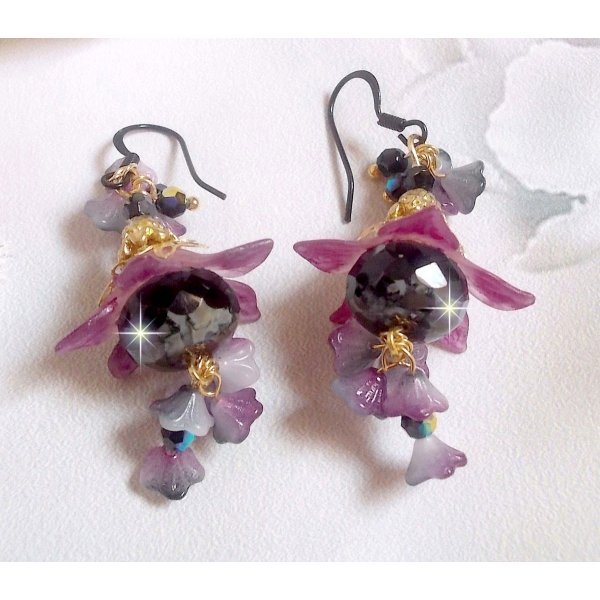 BO Funky Black created with hand painted Lucite flowers in Purple, crystals, glass beads and various Gold and Black accessories