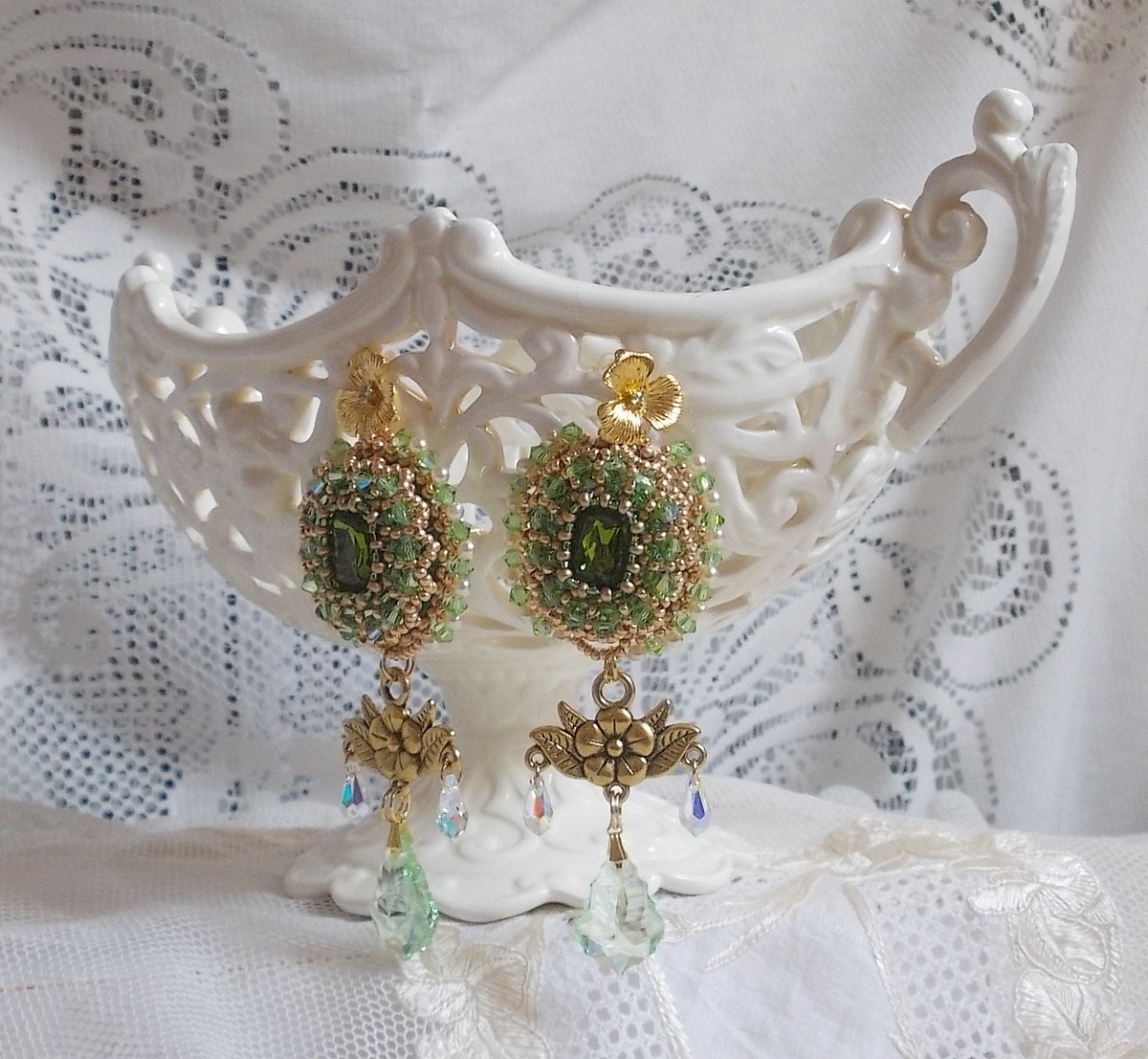 BO Garden Party embroidered with vintage green cabochons, Swarovski crystals, pearl beads and Miyuki seed beads