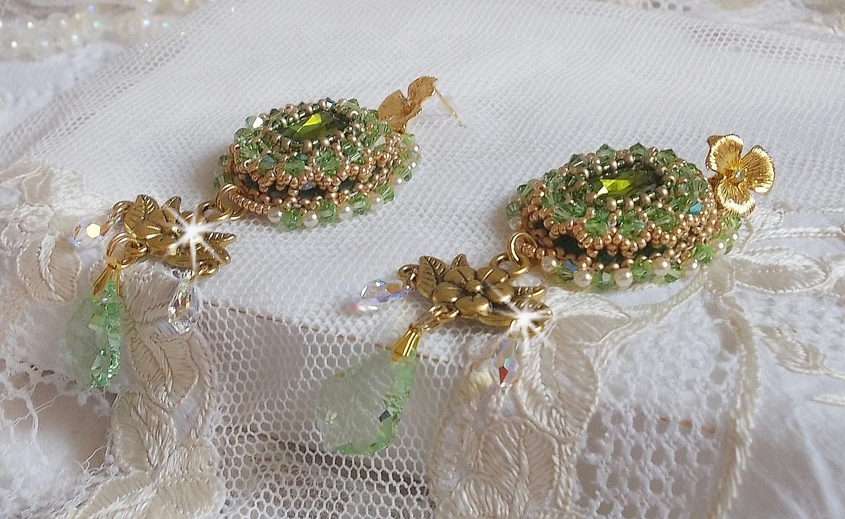 BO Garden Party embroidered with vintage green cabochons, Swarovski crystals, pearl beads and Miyuki seed beads