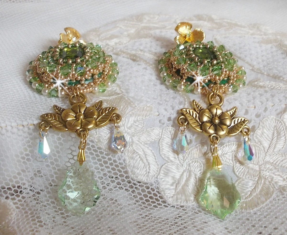 BO Garden Party embroidered with vintage green cabochons, Swarovski crystals, pearl beads and Miyuki seed beads