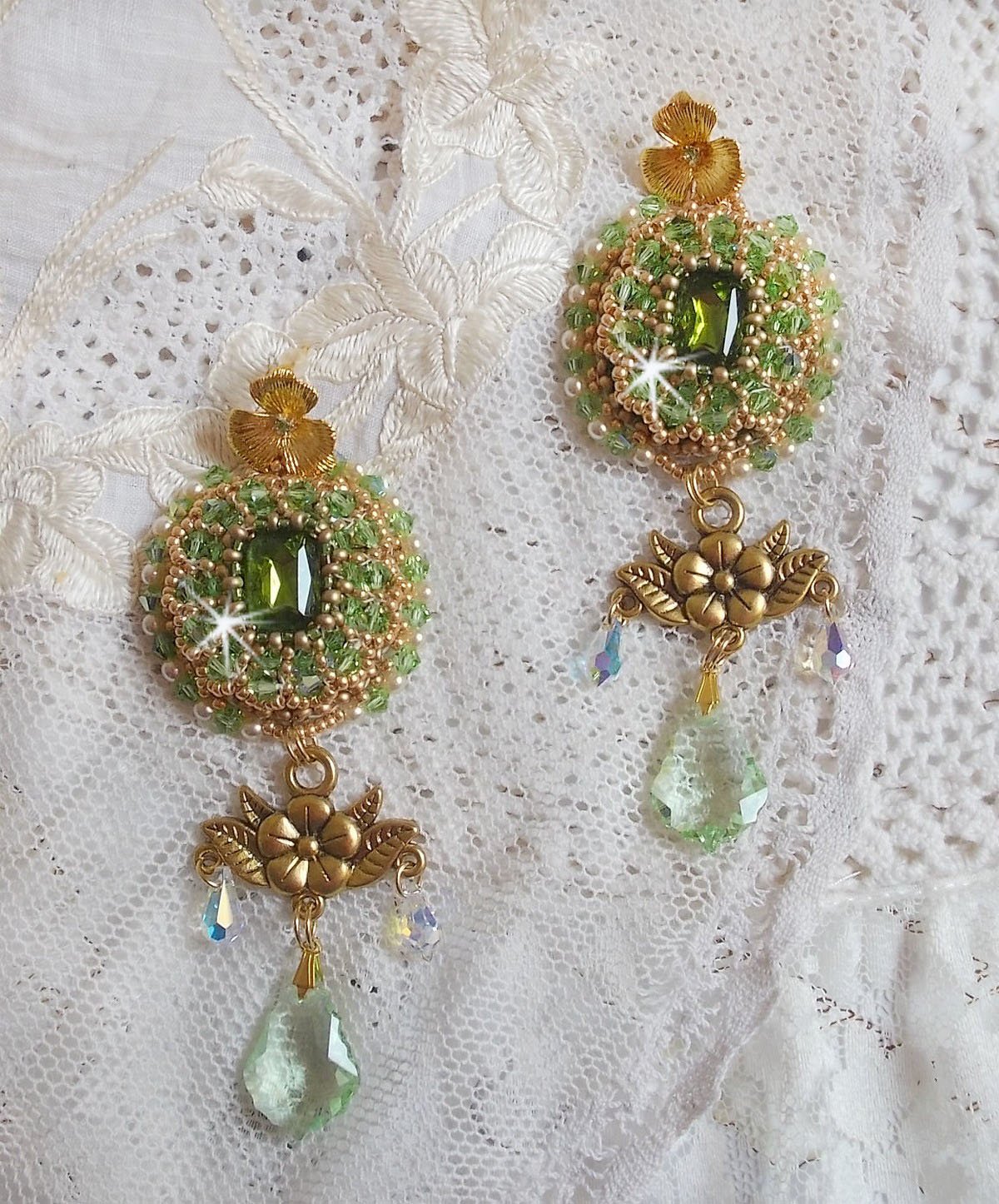 BO Garden Party embroidered with vintage green cabochons, Swarovski crystals, pearl beads and Miyuki seed beads