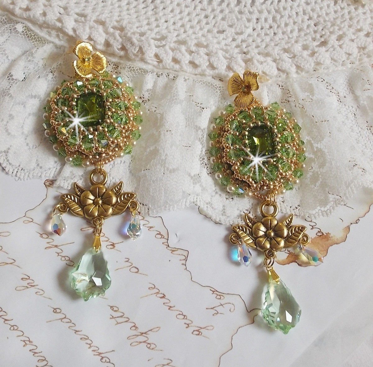 BO Garden Party embroidered with vintage green cabochons, Swarovski crystals, pearl beads and Miyuki seed beads