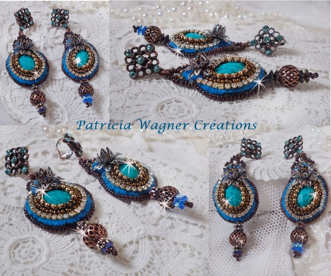 BO Ilycia Charming embroidered with two faceted cabochons green turquoise and Swarovski crystals