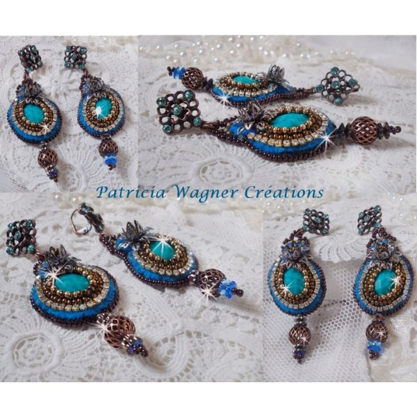 BO Ilycia Charming embroidered with two faceted cabochons green turquoise and Swarovski crystals