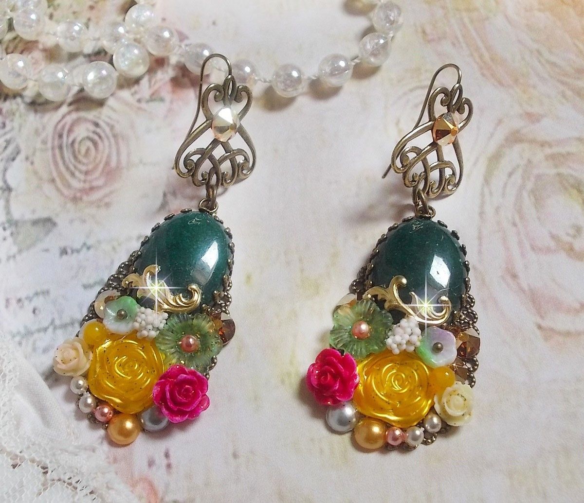 BO Jade Flowers created with oval Malaysian Jade cabochons, Swarovski crystals, resin beads, glass flowers with quality accessories 