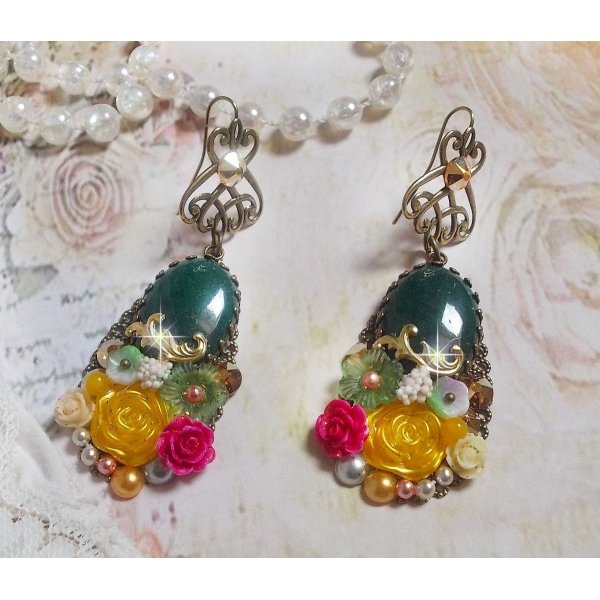 BO Jade Flowers created with oval Malaysian Jade cabochons, Swarovski crystals, resin beads, glass flowers with quality accessories 