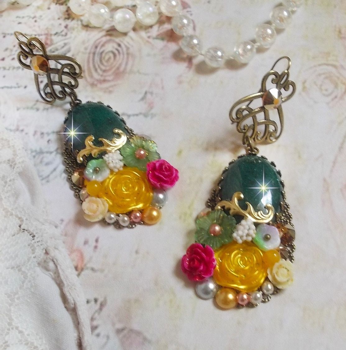 BO Jade Flowers created with oval Malaysian Jade cabochons, Swarovski crystals, resin beads, glass flowers with quality accessories 