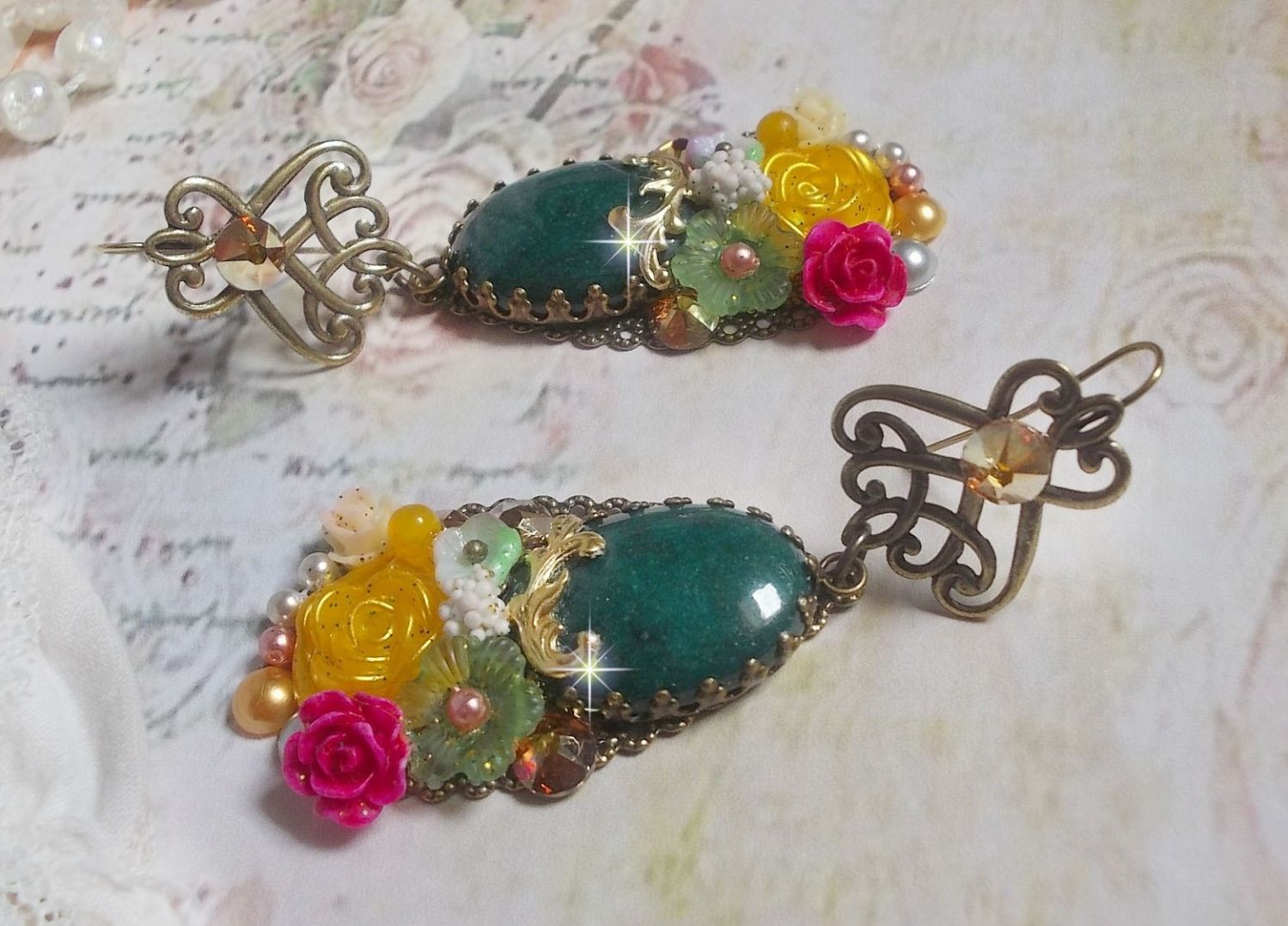 BO Jade Flowers created with oval Malaysian Jade cabochons, Swarovski crystals, resin beads, glass flowers with quality accessories 