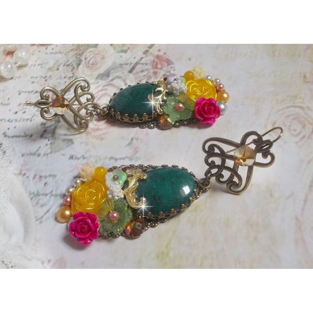 BO Jade Flowers created with oval Malaysian Jade cabochons, Swarovski crystals, resin beads, glass flowers with quality accessories 