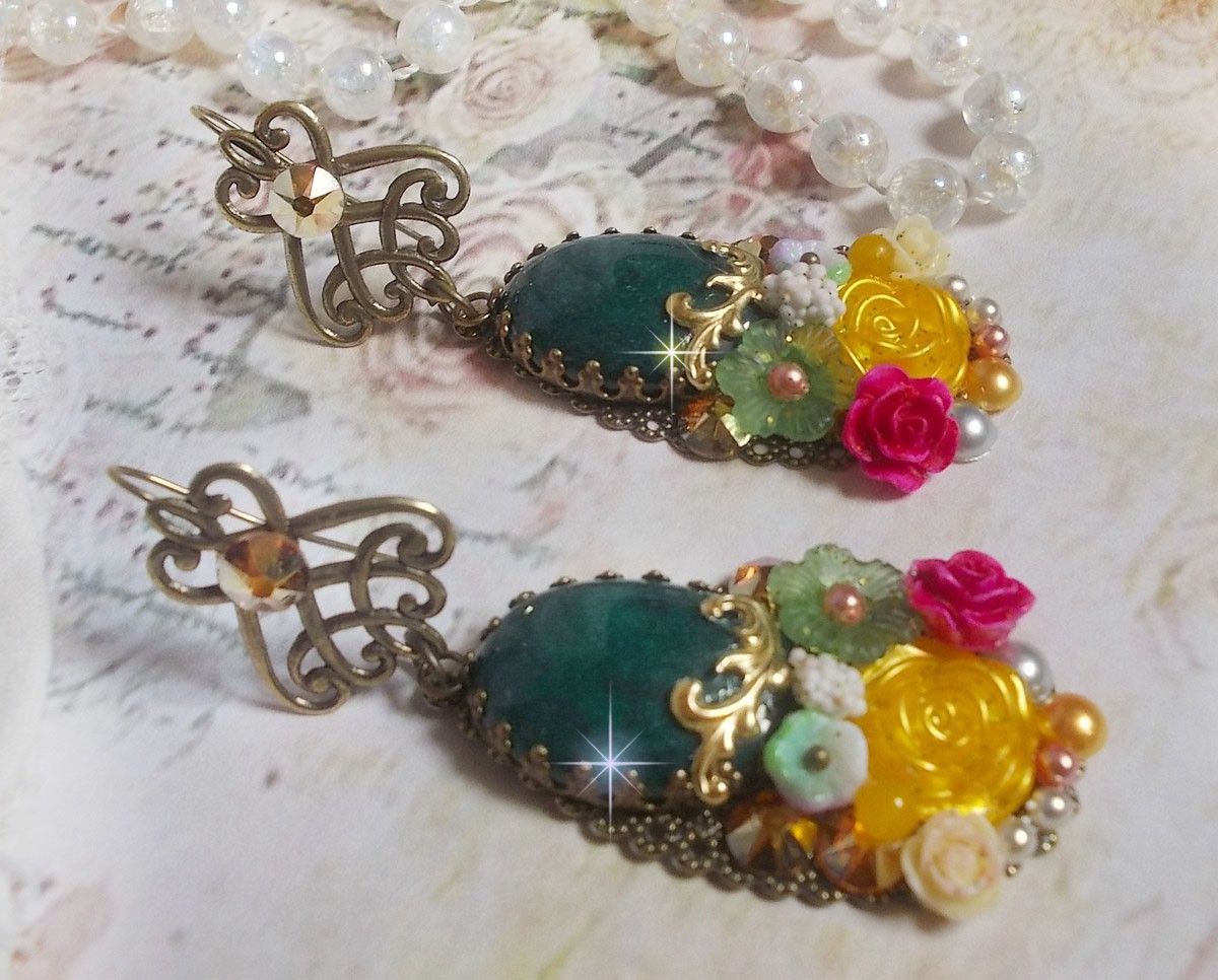 BO Jade Flowers created with oval Malaysian Jade cabochons, Swarovski crystals, resin beads, glass flowers with quality accessories 