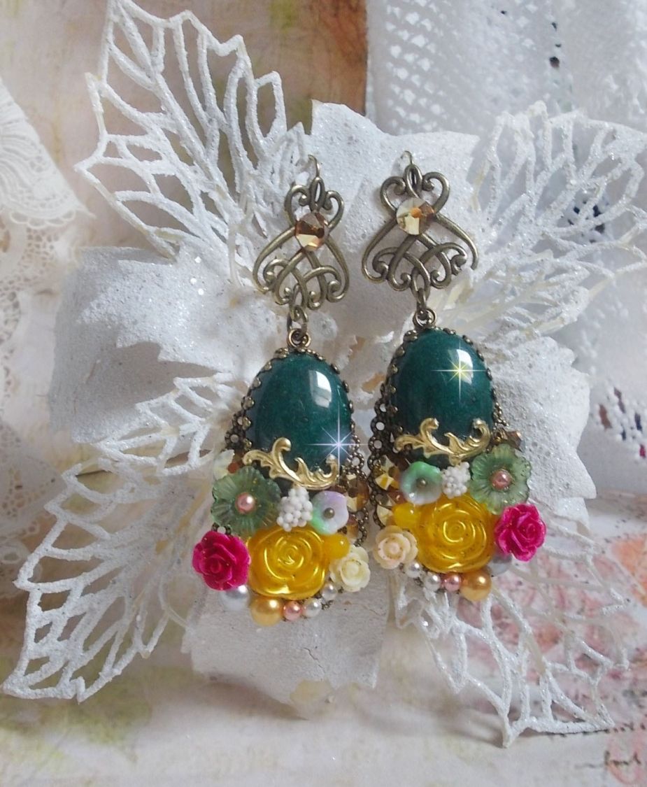 BO Jade Flowers created with oval Malaysian Jade cabochons, Swarovski crystals, resin beads, glass flowers with quality accessories 